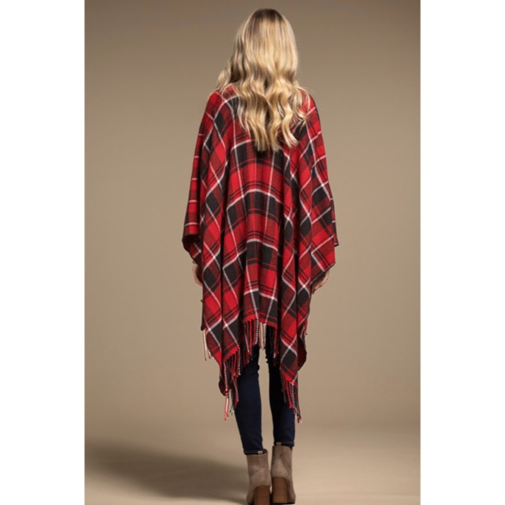 SOLD OUT Red Black Plaid Blanket Ruana Knit Fall Winter Fringe Open Poncho Wrap - Picture 4 of 7